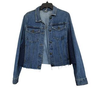 Free People Sz M Lace Insert Denim Jean Jacket Raw Hem